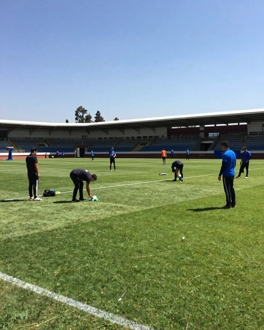 Documentary photograph of ground staff preparing a natural grass football pitch in Quito, clear Andean daylight, candid