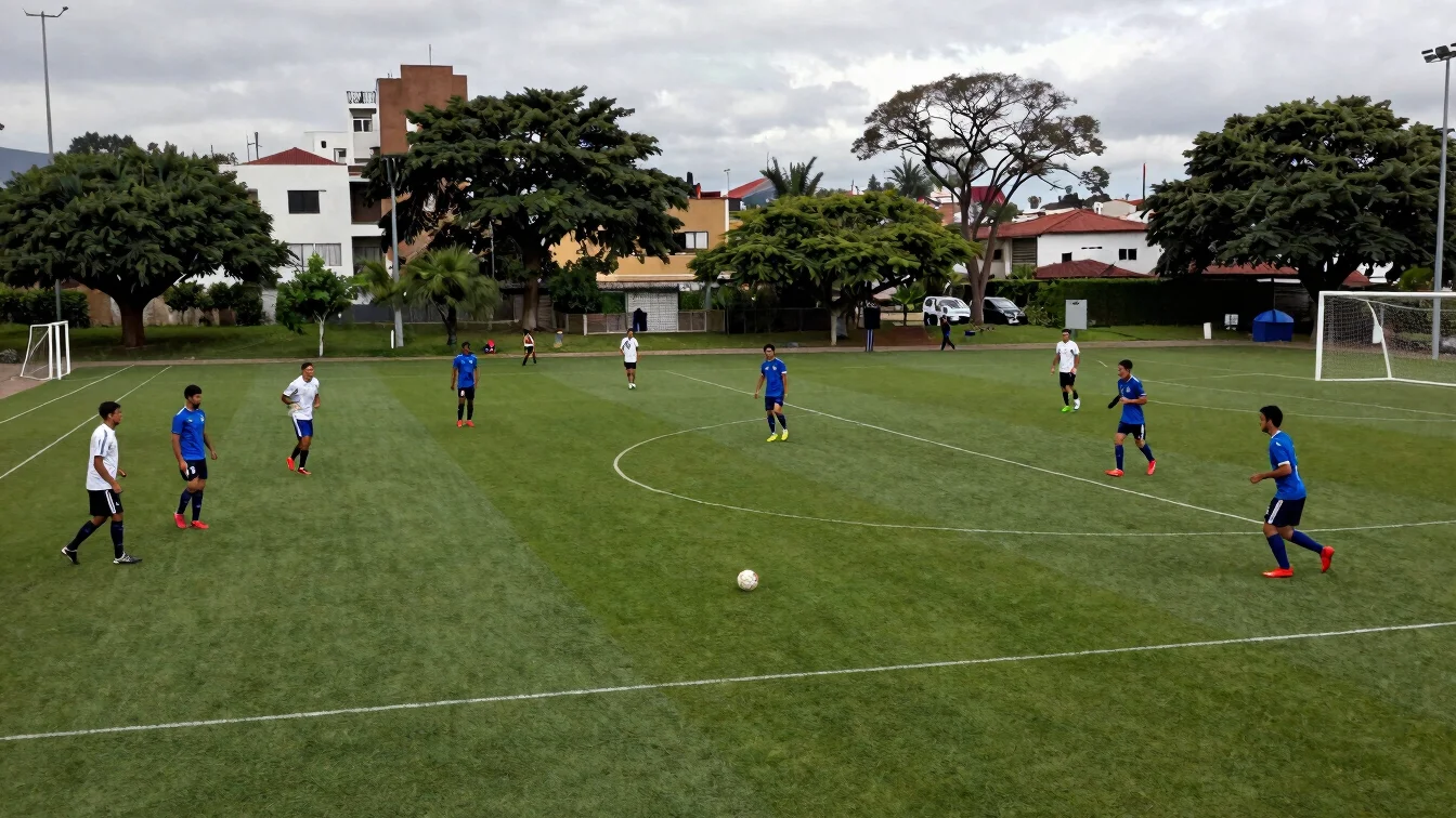 Jugadores de fútbol 7 en acción en un complejo deportivo urbano,