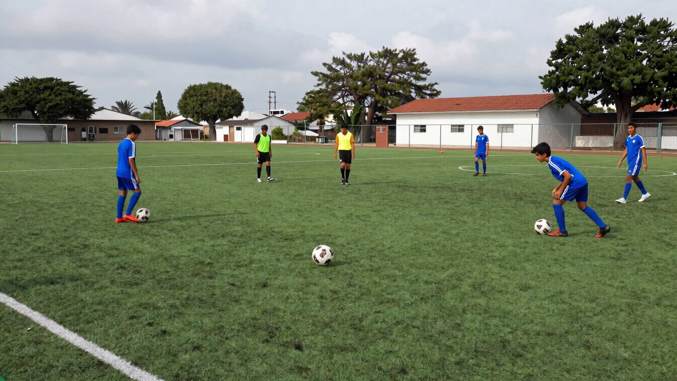 Niños y jóvenes futbolistas preparando un partido en cancha de co