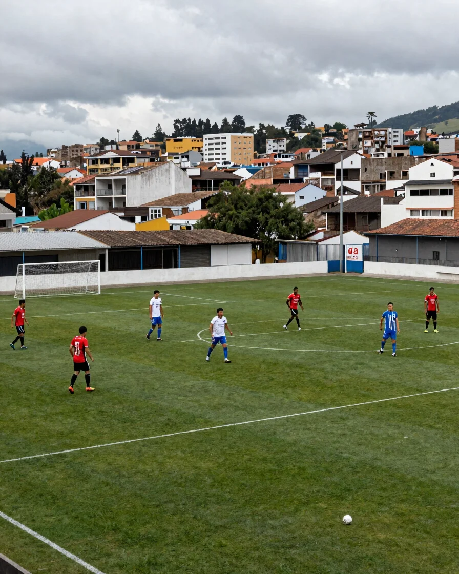 Partido de fútbol 11 en una cancha reglamentaria de un complejo urbano en Ecuador, luz natural de tarde nublada, panorám
