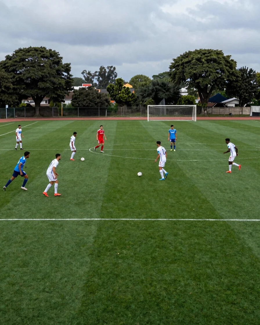Panorámica de un partido de fútbol 11 en cancha reglamentaria de