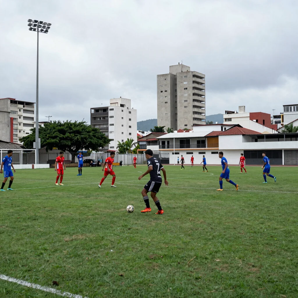 Jugadas de fútbol 7 en complejo deportivo urbano de Guayaquil, luz de costa, movimiento auténtico, fotografía editorial