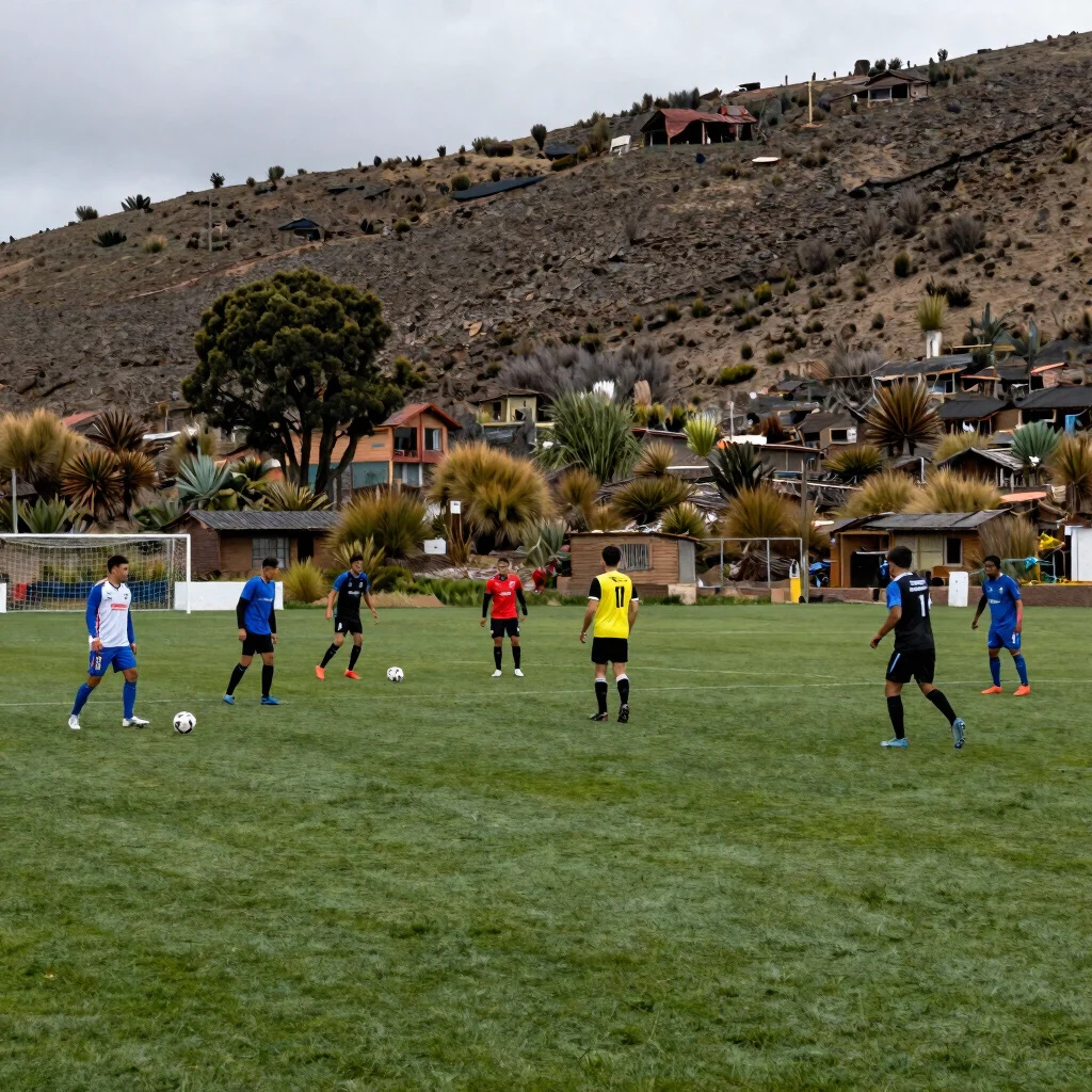 Partido de fútbol 11 en cancha reglamentaria con vegetación andina al fondo, luz natural de tarde nublada, encuadre ampl