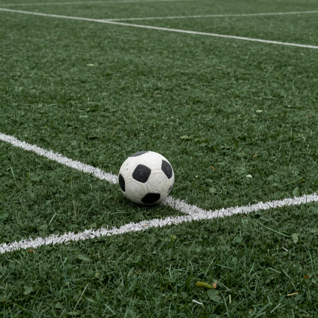 Detalle cercano de balón y líneas de cancha recién pintadas antes de un partido oficial, luz nublada, contraste limpio