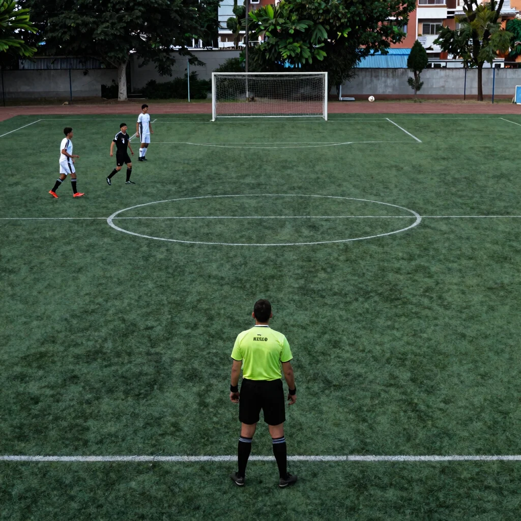 Árbitro dirigiendo un partido de fútbol 7 en cancha sintética, movimiento de jugadores, luz de tarde